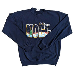 Vintage Christmas Sweater Men Size Large Blue NOEL Long Sleeve Crew Neck 90s Y2K